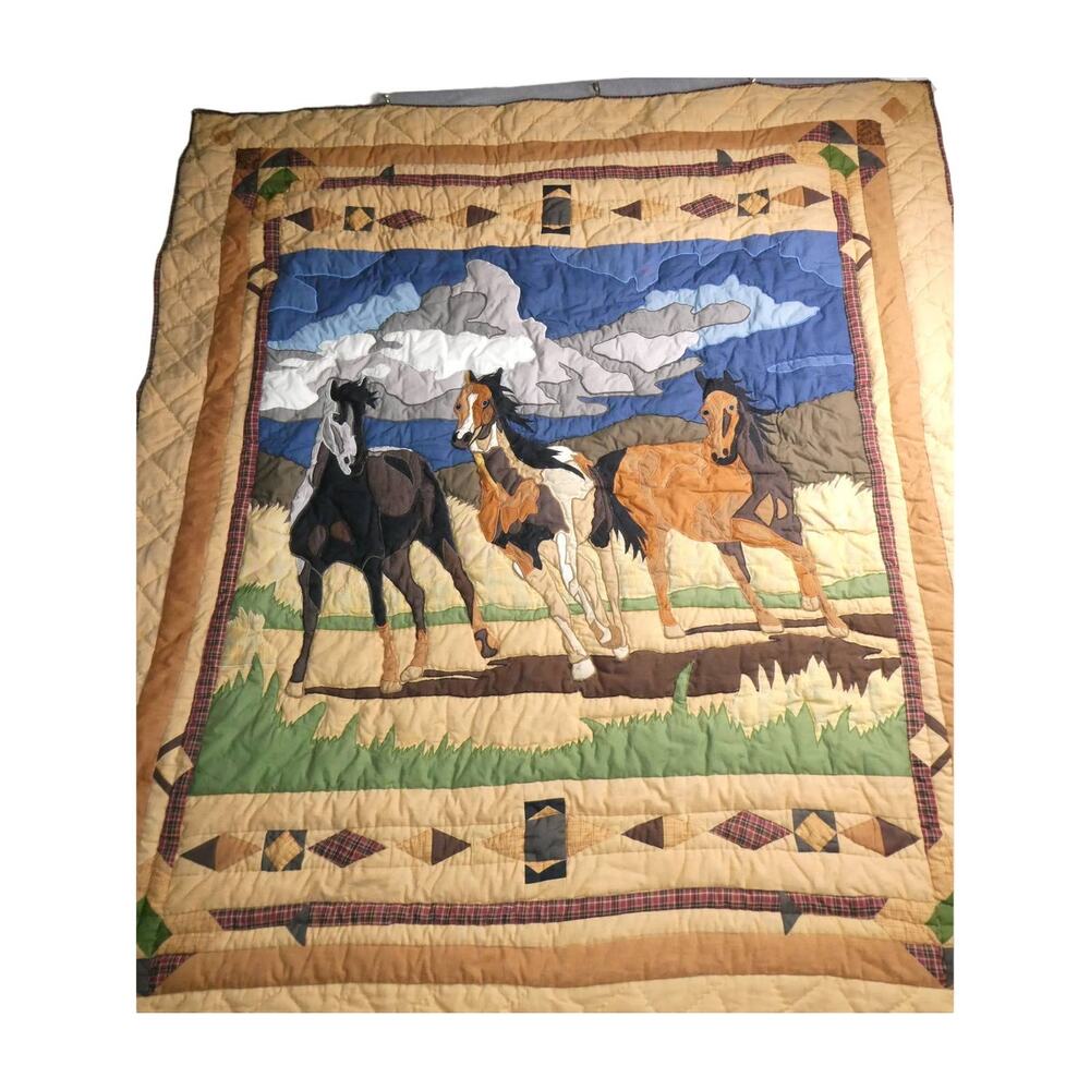 PATCH MAGIC 3 Horses Western Cotton Quilt Throw Wall Hanging 60x53